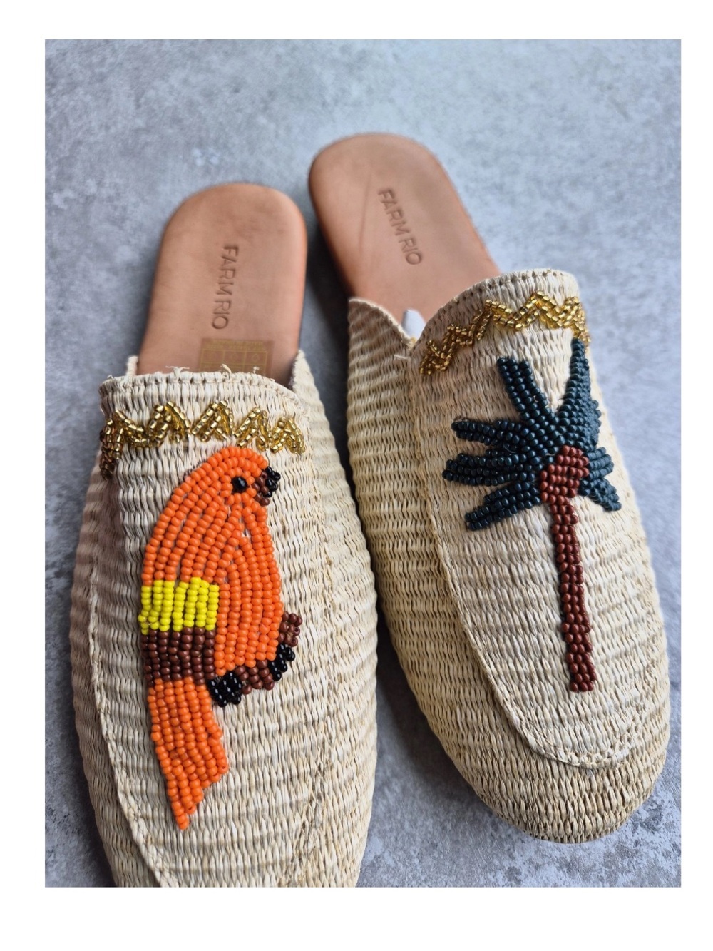 FARM Rio Macaw Beige Woven Slip-On Mules w/Beaded Palm Tree & Parrot, NIB, 10/42 - Picture 2 of 13